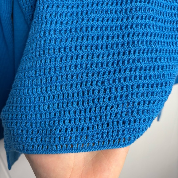NWT Lafayette 148 New York MSRP $368 Cerulean Blue Sweater Open Crochet Large - Picture 7 of 11